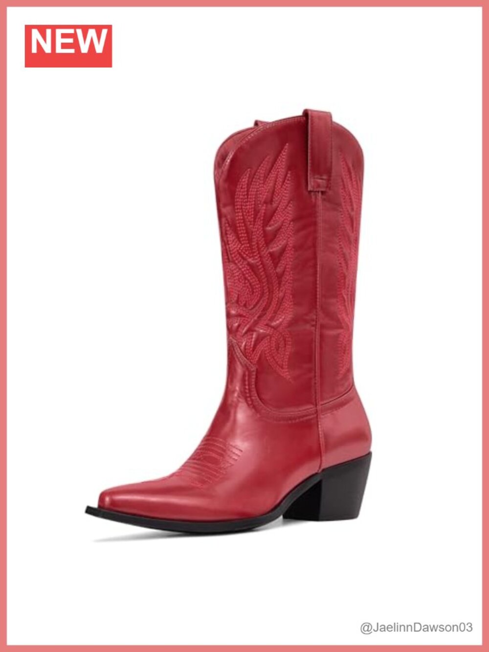 Embroidered PU Leather Cowgirl Boots Mid Calf Pointed Toe Chunky Heel Pull-On